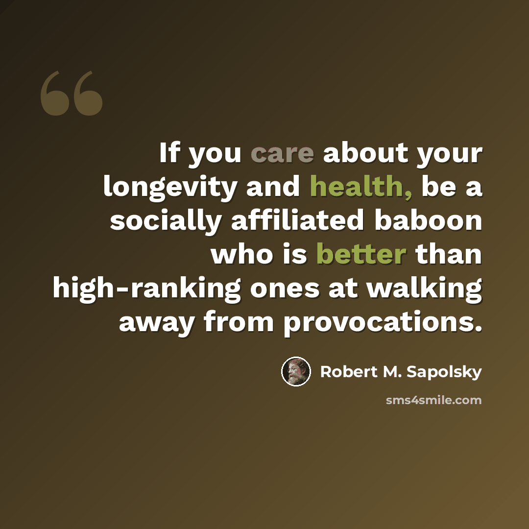 “If you care about your longevity and health, be a socially affiliated baboon who is better than high-ranking ones at walking away from provocations.” quote by Robert M. Sapolsky