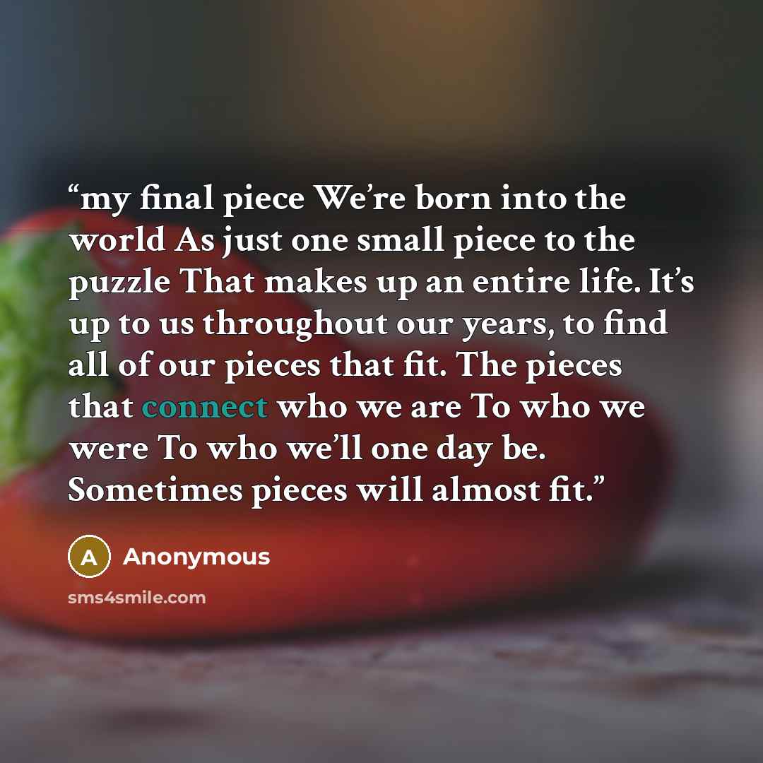 “my final piece We’re born into the world As just one small piece to the puzzle That makes up an entire life. It’s up to us throughout our years, to find all of our pieces that fit. The pieces that connect who we are To who we were To who we’ll one day be. Sometimes pieces will almost fit.” quote by Anonymous