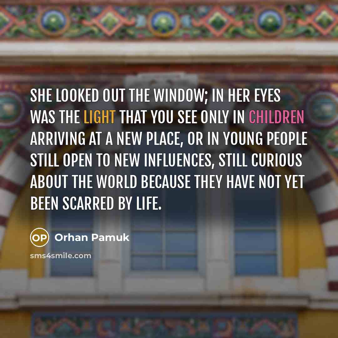 “She looked out the window; in her eyes was the light that you see only in children arriving at a new place, or in young people still open to new influences, still curious about the world because they have not yet been scarred by life.” quote by Orhan Pamuk
