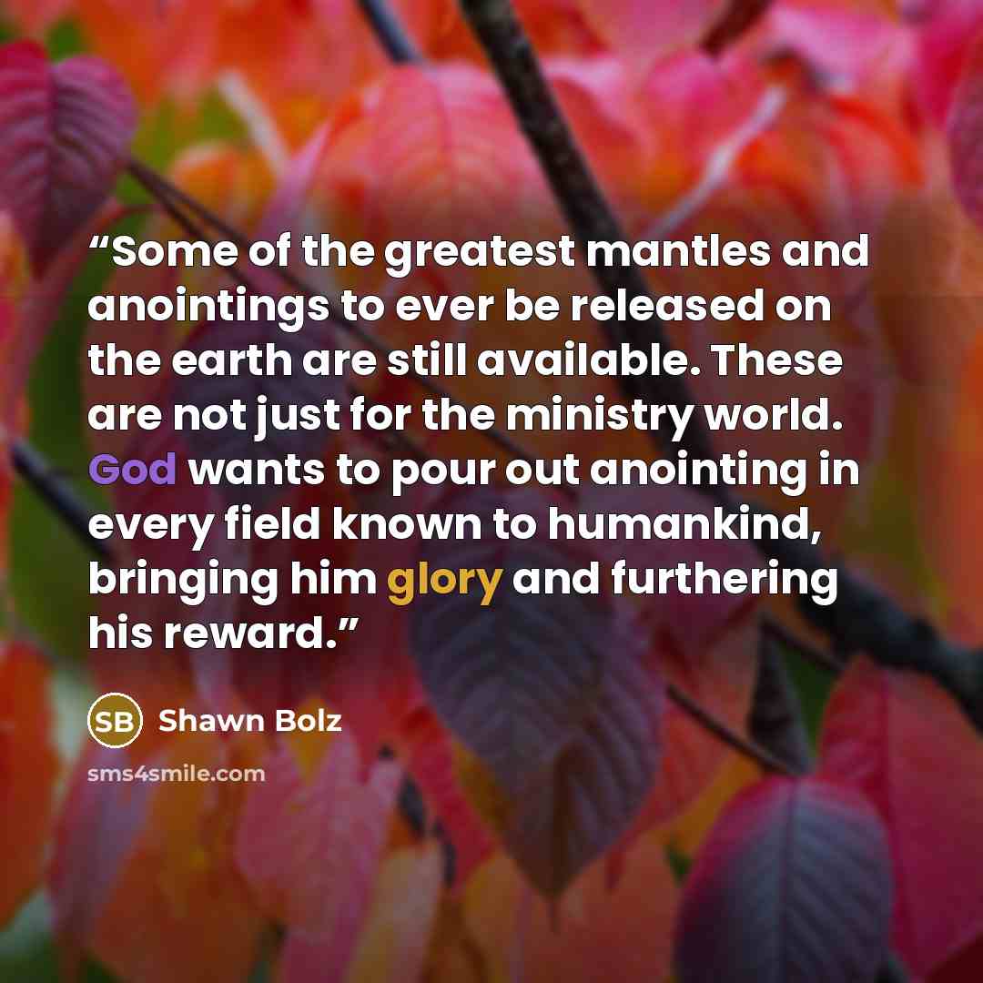 “Some of the greatest mantles and anointings to ever be released on the earth are still available. These are not just for the ministry world. God wants to pour out anointing in every field known to humankind, bringing him glory and furthering his reward.” quote by Shawn Bolz