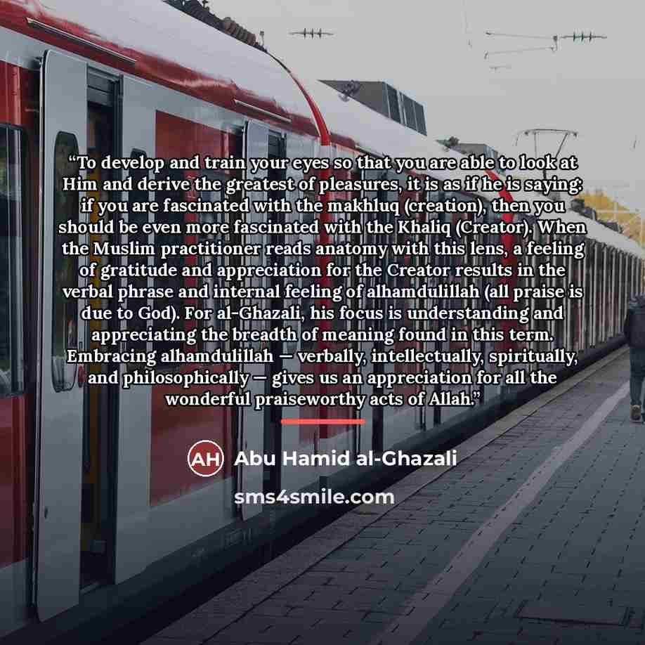 “To develop and train your eyes so that you are able to look at Him and derive the greatest of pleasures, it is as if he is saying: if you are fascinated with the makhluq (creation), then you should be even more fascinated with the Khaliq (Creator). When the Muslim practitioner reads anatomy with…” quote by Abu Hamid al-Ghazali