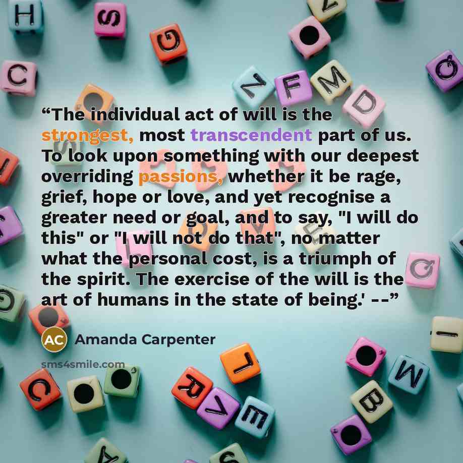 “The individual act of will is the strongest, most transcendent part of us. To look upon something with our deepest overriding passions, whether it be rage, grief, hope or love, and yet recognise a greater need or goal, and to say, "I will do this" or "I will not do that", no matter what the…” quote by Amanda Carpenter