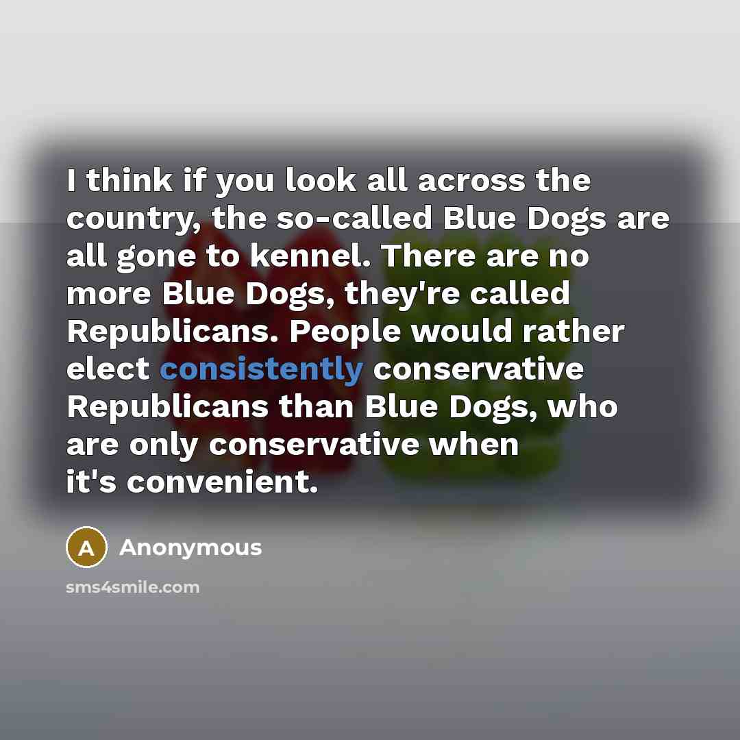 “I think if you look all across the country, the so-called Blue Dogs are all gone to kennel. There are no more Blue Dogs, they're called Republicans. People would rather elect consistently conservative Republicans than Blue Dogs, who are only conservative when it's convenient.” quote by Anonymous
