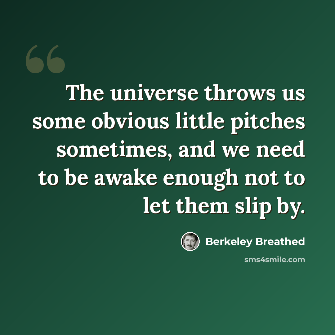 “The universe throws us some obvious little pitches sometimes, and we need to be awake enough not to let them slip by.” quote by Berkeley Breathed
