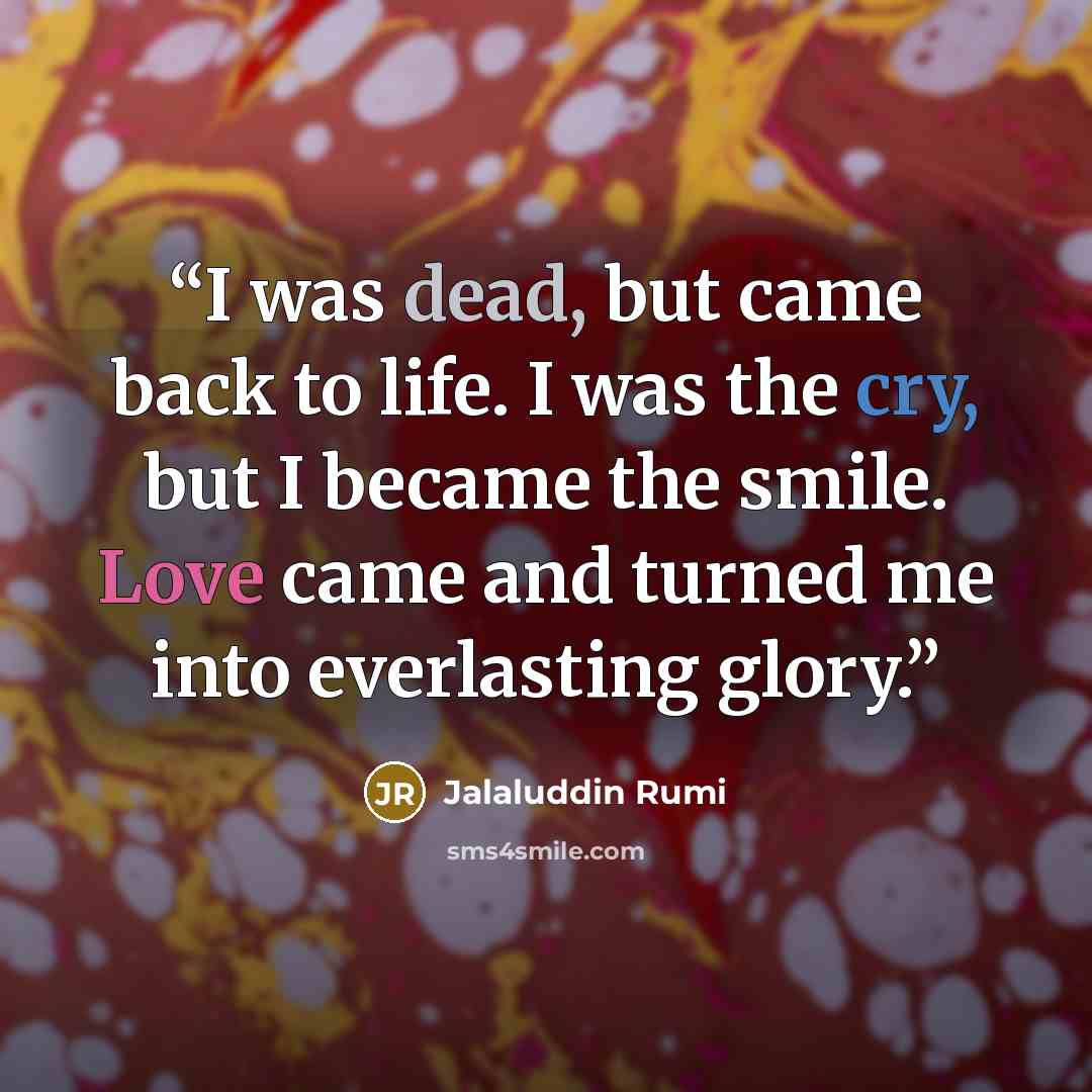 “I was dead, but came back to life. I was the cry, but I became the smile. Love came and turned me into everlasting glory.” quote by Jalaluddin Rumi