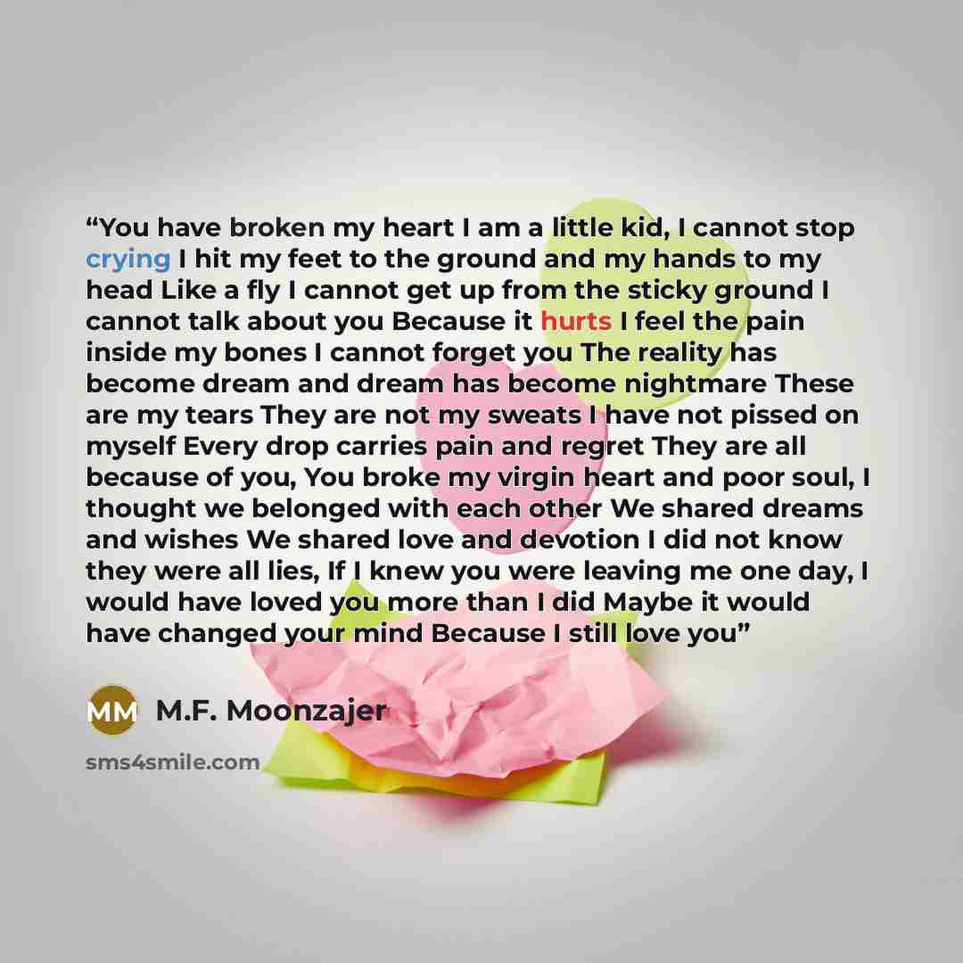 “You have broken my heart I am a little kid, I cannot stop crying I hit my feet to the ground and my hands to my head Like a fly I cannot get up from the sticky ground I cannot talk about you Because it hurts I feel the pain inside my bones I cannot forget you The reality has become dream and dream…” quote by M.F. Moonzajer