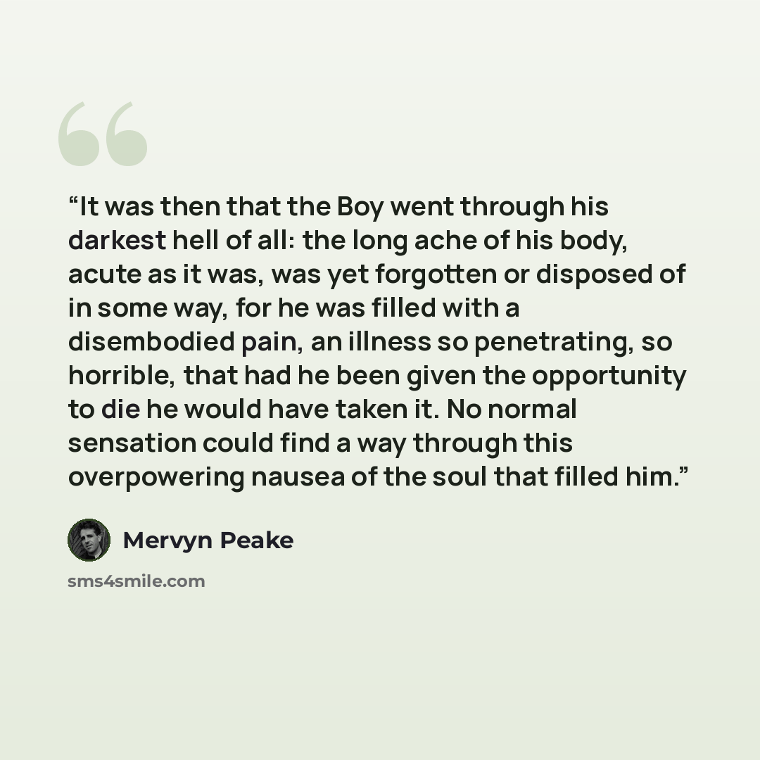 “It was then that the Boy went through his darkest hell of all: the long ache of his body, acute as it was, was yet forgotten or disposed of in some way, for he was filled with a disembodied pain, an illness so penetrating, so horrible, that had he been given the opportunity to die he would have…” quote by Mervyn Peake