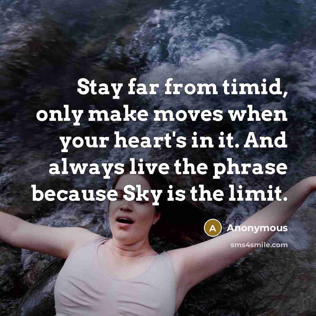 “Stay far from timid, only make moves when your heart's in it. And always live the phrase because Sky is the limit.” quote by Anonymous