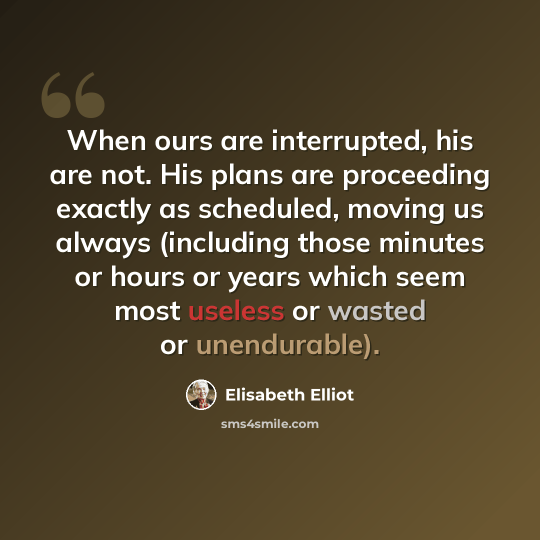 “When ours are interrupted, his are not. His plans are proceeding exactly as scheduled, moving us always (including those minutes or hours or years which seem most useless or wasted or unendurable).” quote by Elisabeth Elliot