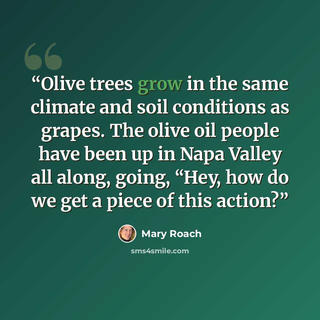 “Olive trees grow in the same climate and soil conditions as grapes. The olive oil people have been up in Napa Valley all along, going, “Hey, how do we get a piece of this action?” quote by Mary Roach