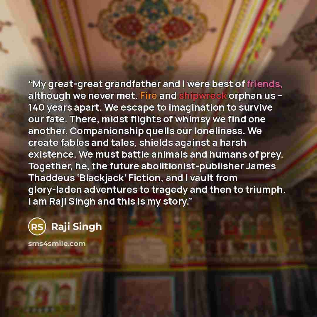 “My great-great grandfather and I were best of friends, although we never met. Fire and shipwreck orphan us – 140 years apart. We escape to imagination to survive our fate. There, midst flights of whimsy we find one another. Companionship quells our loneliness. We create fables and tales, shields…” quote by Raji Singh