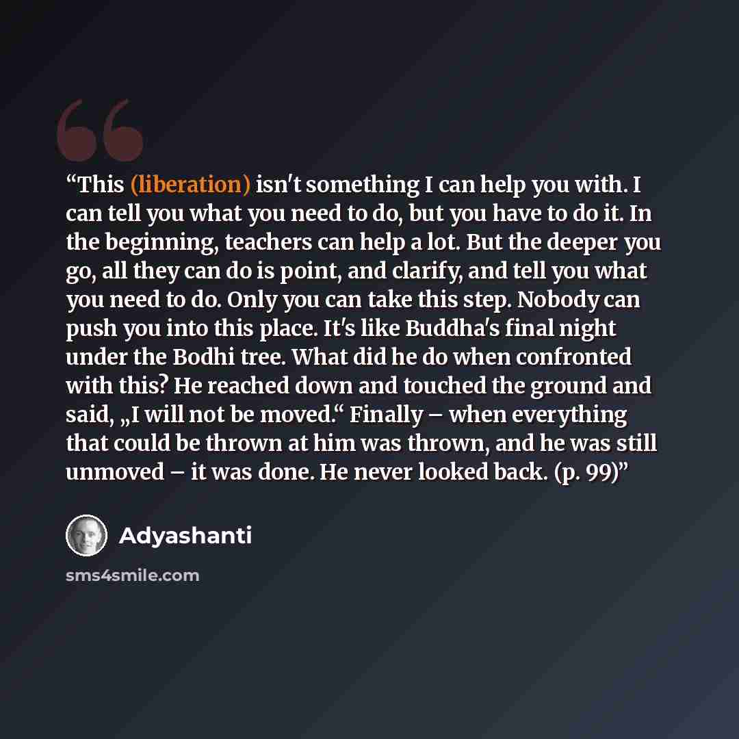 “This (liberation) isn't something I can help you with. I can tell you what you need to do, but you have to do it. In the beginning, teachers can help a lot. But the deeper you go, all they can do is point, and clarify, and tell you what you need to do. Only you can take this step. Nobody can push…” quote by Adyashanti