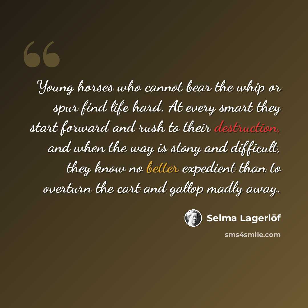 “Young horses who cannot bear the whip or spur find life hard. At every smart they start forward and rush to their destruction, and when the way is stony and difficult, they know no better expedient than to overturn the cart and gallop madly away.” quote by Selma Lagerlöf