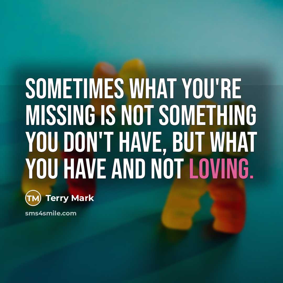 “Sometimes what you're missing is not something you don't have, but what you have and not loving.” quote by Terry Mark