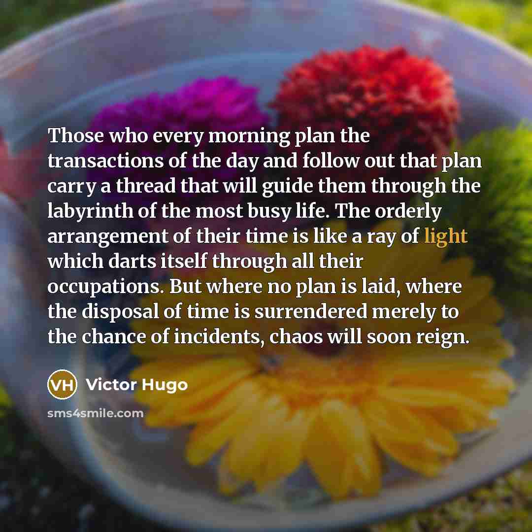 “Those who every morning plan the transactions of the day and follow out that plan carry a thread that will guide them through the labyrinth of the most busy life. The orderly arrangement of their time is like a ray of light which darts itself through all their occupations. But where no plan is…” quote by Victor Hugo