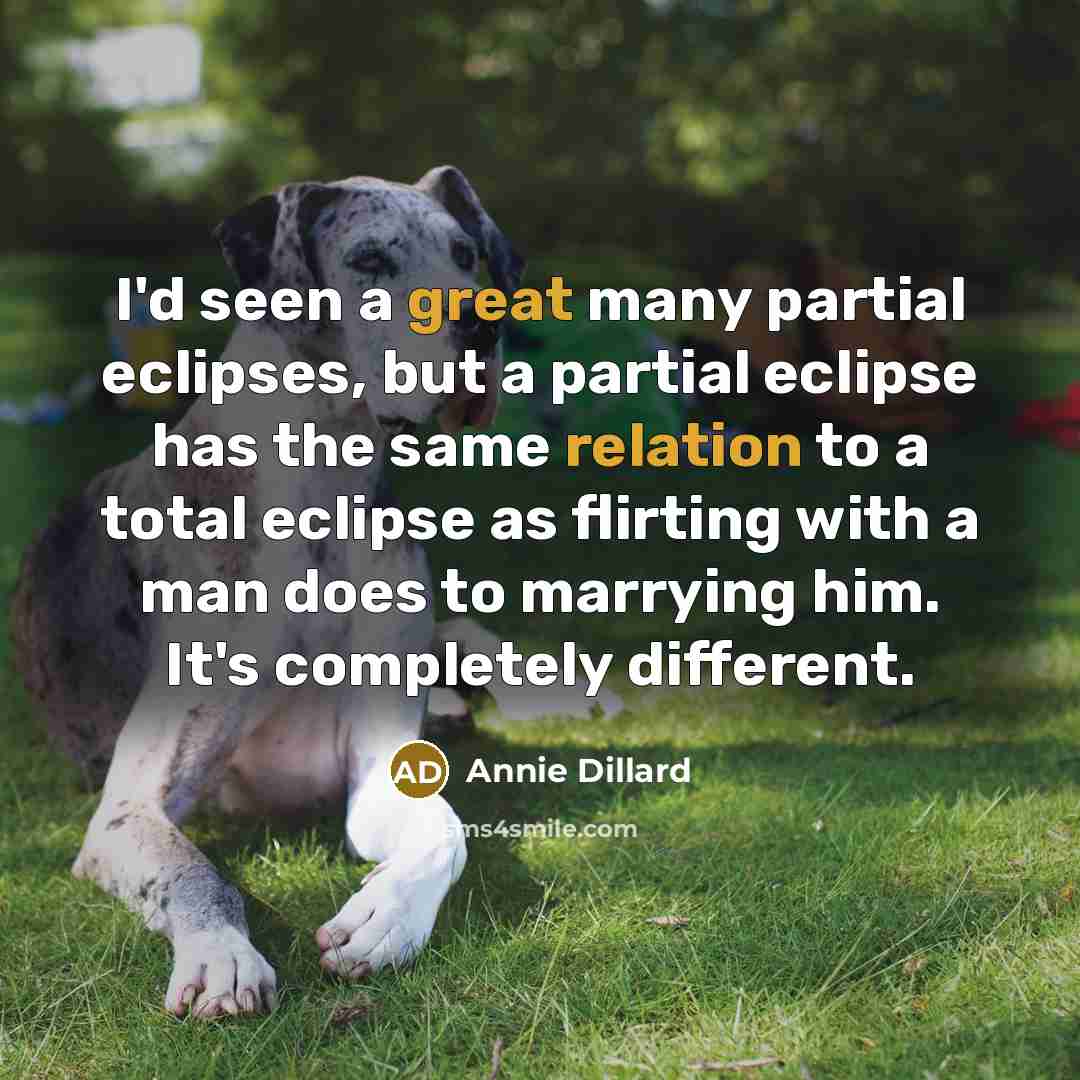 “I'd seen a great many partial eclipses, but a partial eclipse has the same relation to a total eclipse as flirting with a man does to marrying him. It's completely different.” quote by Annie Dillard