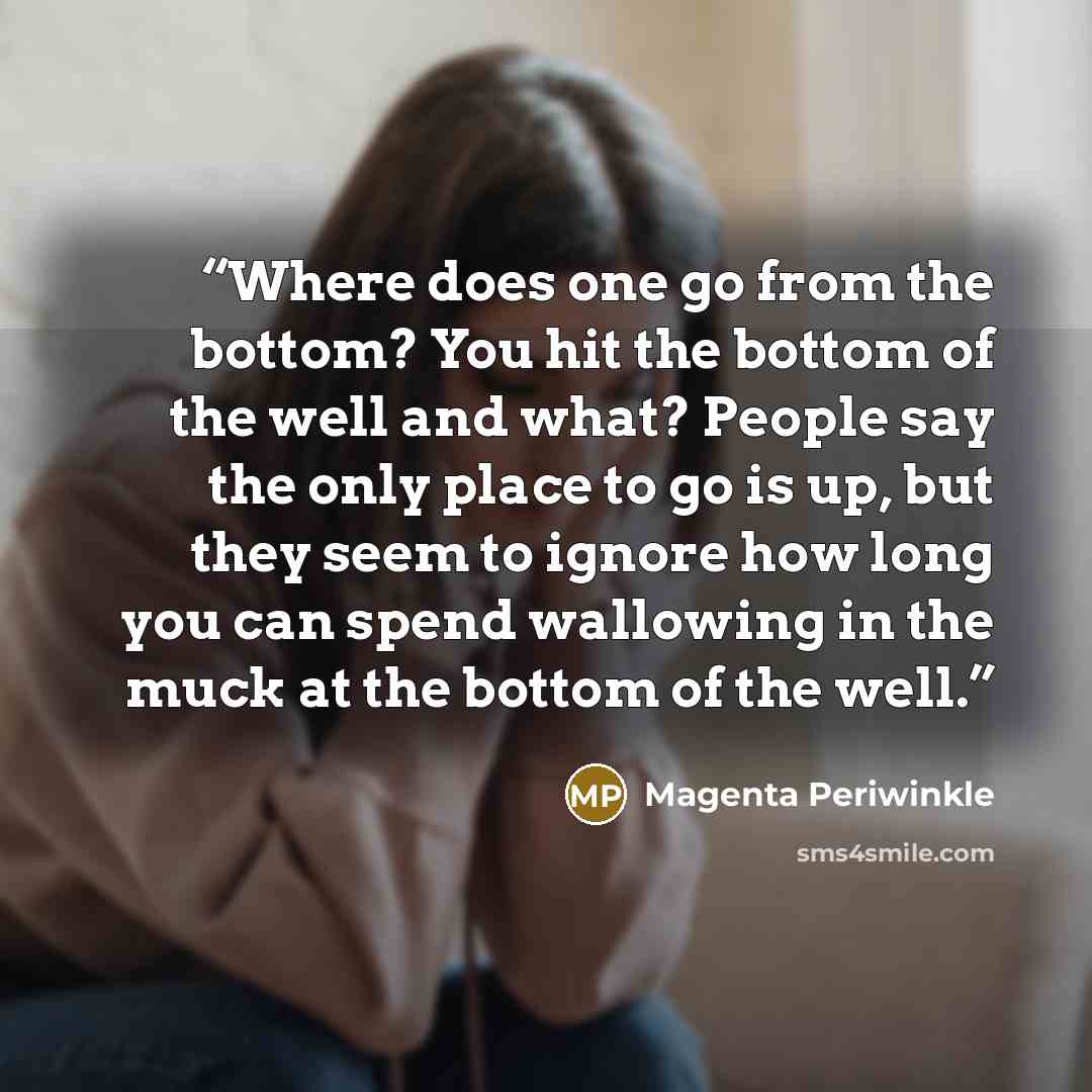 “Where does one go from the bottom? You hit the bottom of the well and what? People say the only place to go is up, but they seem to ignore how long you can spend wallowing in the muck at the bottom of the well.” quote by Magenta Periwinkle