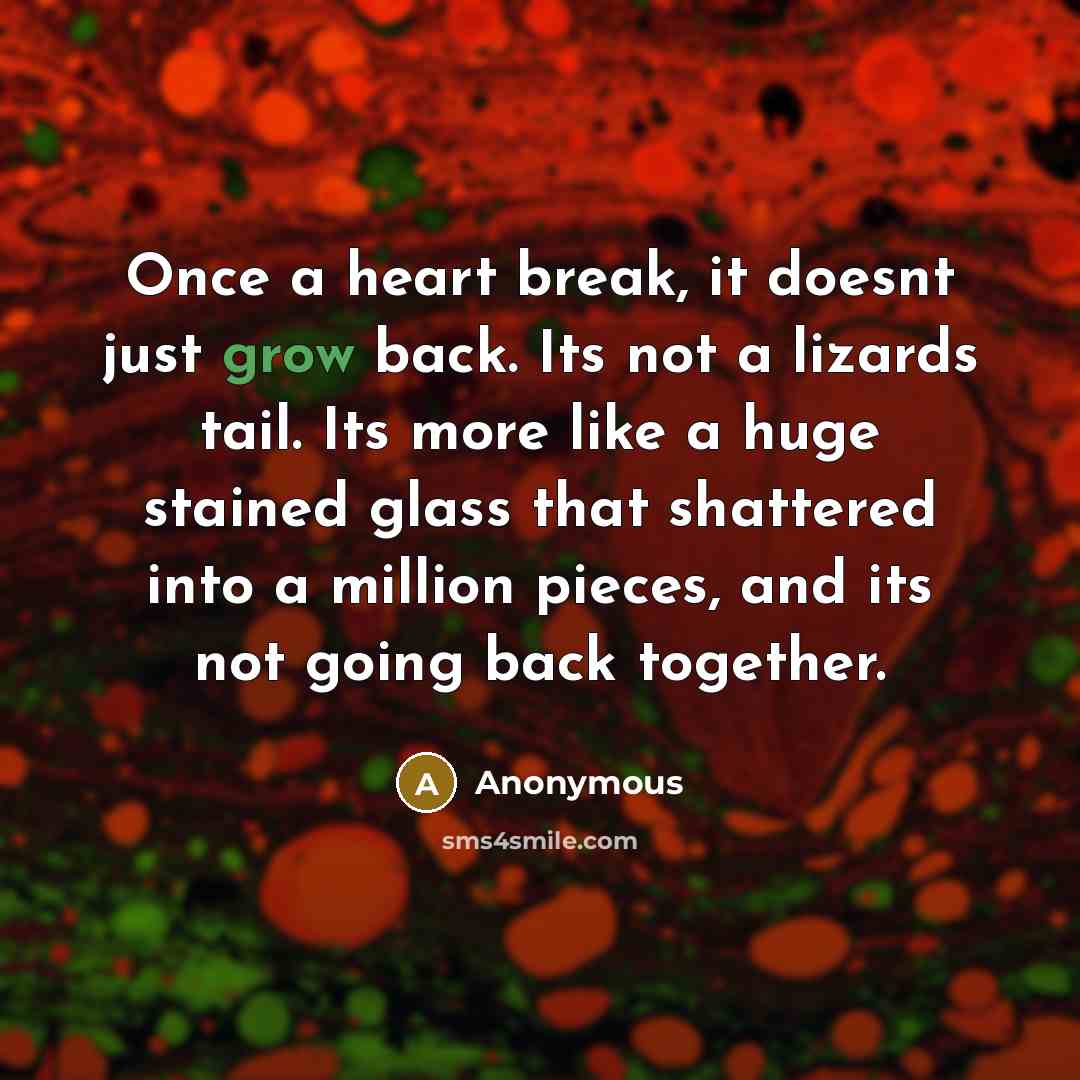 “Once a heart break, it doesnt just grow back. Its not a lizards tail. Its more like a huge stained glass that shattered into a million pieces, and its not going back together.” quote by Anonymous