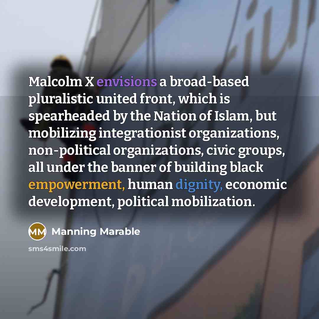 “Malcolm X envisions a broad-based pluralistic united front, which is spearheaded by the Nation of Islam, but mobilizing integrationist organizations, non-political organizations, civic groups, all under the banner of building black empowerment, human dignity, economic development, political…” quote by Manning Marable