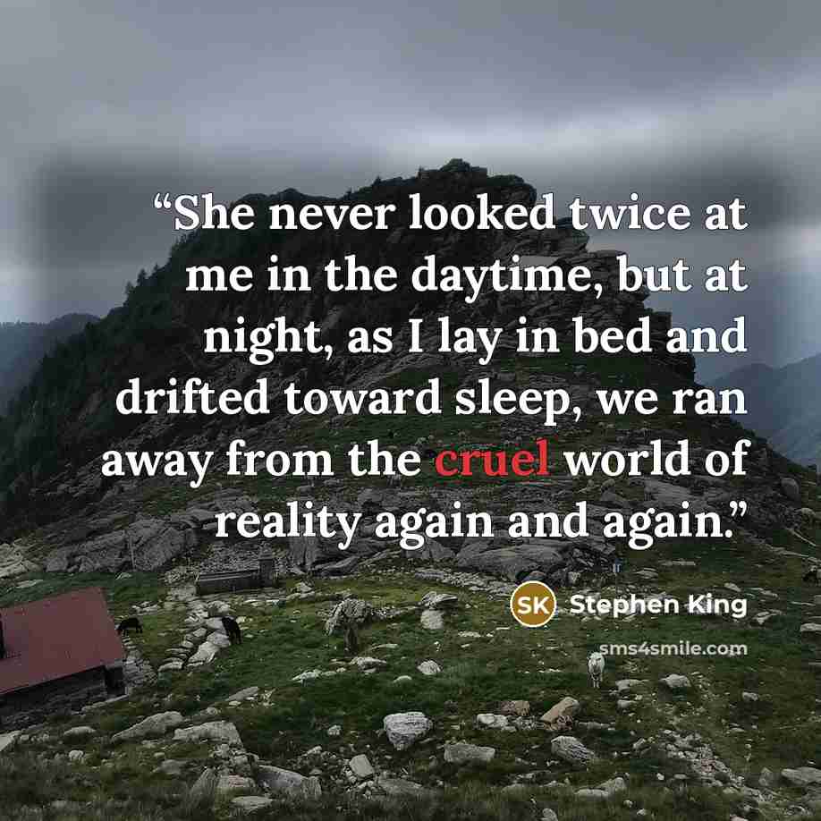“She never looked twice at me in the daytime, but at night, as I lay in bed and drifted toward sleep, we ran away from the cruel world of reality again and again.” quote by Stephen King