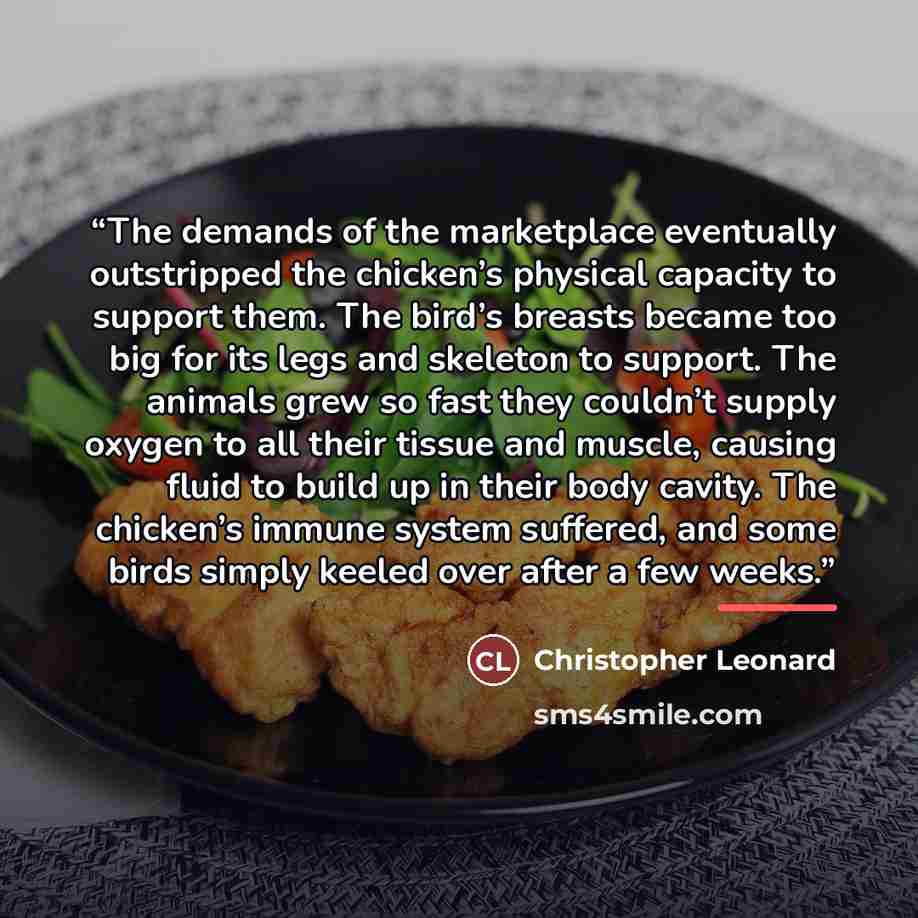 “The demands of the marketplace eventually outstripped the chicken’s physical capacity to support them. The bird’s breasts became too big for its legs and skeleton to support. The animals grew so fast they couldn’t supply oxygen to all their tissue and muscle, causing fluid to build up in their…” quote by Christopher Leonard
