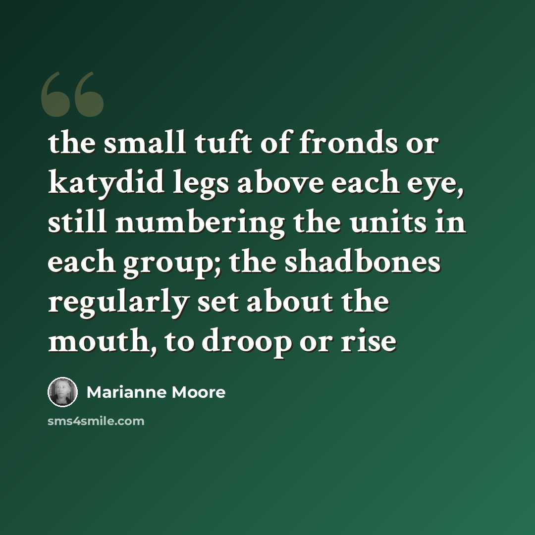 “the small tuft of fronds or katydid legs above each eye, still numbering the units in each group; the shadbones regularly set about the mouth, to droop or rise” quote by Marianne Moore