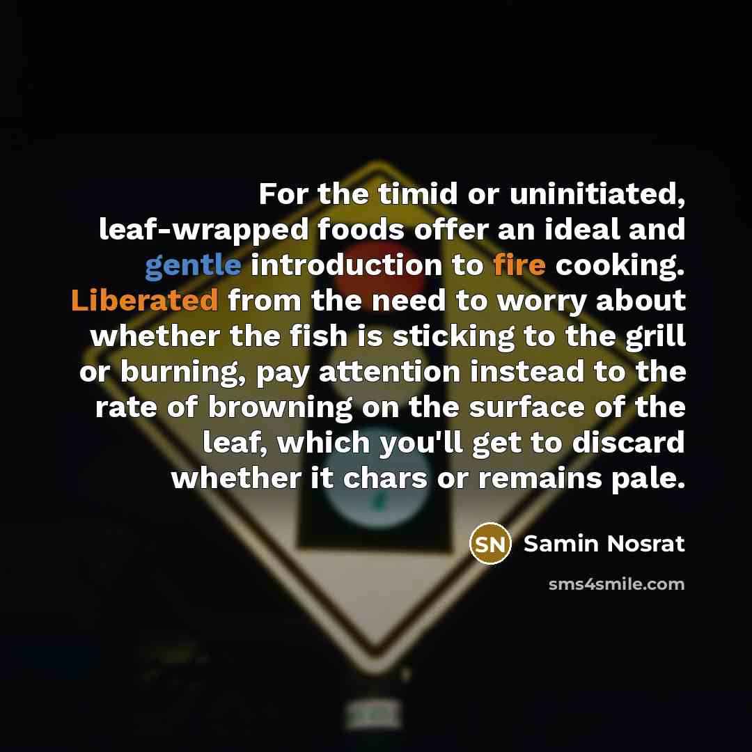 “For the timid or uninitiated, leaf-wrapped foods offer an ideal and gentle introduction to fire cooking. Liberated from the need to worry about whether the fish is sticking to the grill or burning, pay attention instead to the rate of browning on the surface of the leaf, which you'll get to…” quote by Samin Nosrat