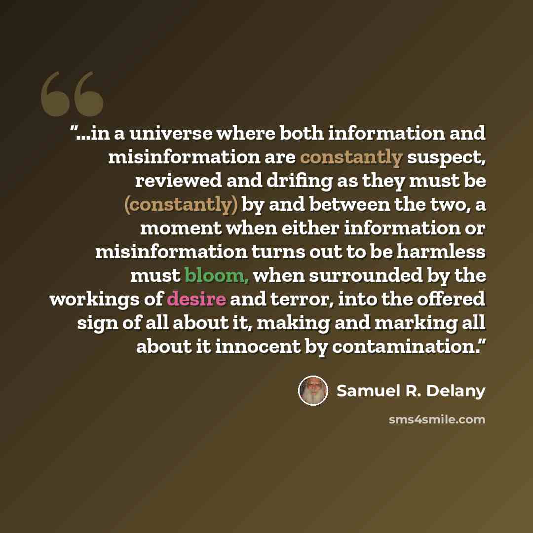 “...in a universe where both information and misinformation are constantly suspect, reviewed and drifing as they must be (constantly) by and between the two, a moment when either information or misinformation turns out to be harmless must bloom, when surrounded by the workings of desire and terror…” quote by Samuel R. Delany