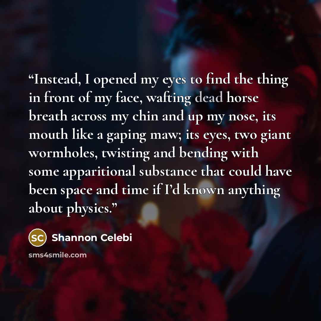 “Instead, I opened my eyes to find the thing in front of my face, wafting dead horse breath across my chin and up my nose, its mouth like a gaping maw; its eyes, two giant wormholes, twisting and bending with some apparitional substance that could have been space and time if I’d known anything…” quote by Shannon Celebi