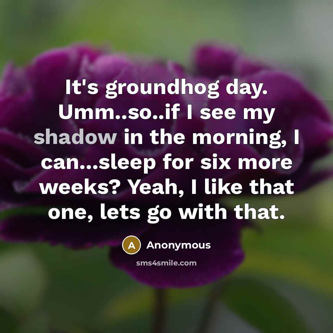 “It's groundhog day. Umm..so..if I see my shadow in the morning, I can...sleep for six more weeks? Yeah, I like that one, lets go with that.” quote by Anonymous
