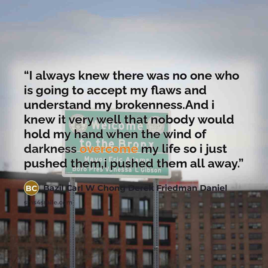 “I always knew there was no one who is going to accept my flaws and understand my brokenness.And i knew it very well that nobody would hold my hand when the wind of darkness overcome my life so i just pushed them,i pushed them all away.” quote by Bazil Carl W Chong Derek Friedman Daniel