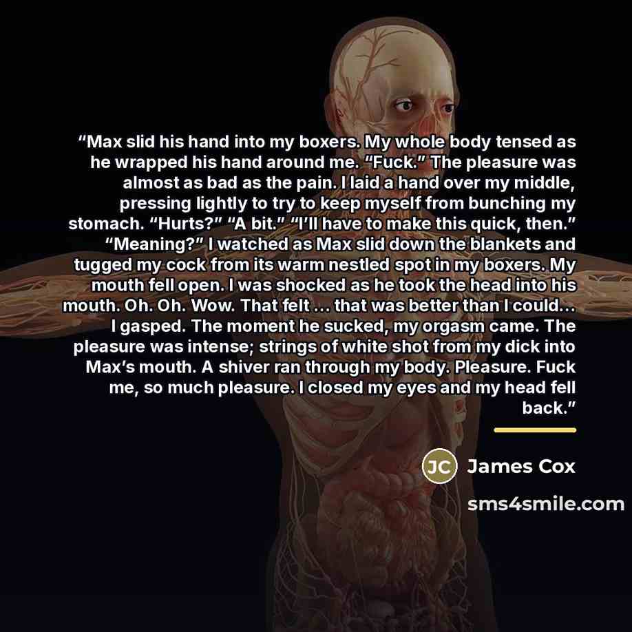 “Max slid his hand into my boxers. My whole body tensed as he wrapped his hand around me. “Fuck.” The pleasure was almost as bad as the pain. I laid a hand over my middle, pressing lightly to try to keep myself from bunching my stomach. “Hurts?” “A bit.” “I’ll have to make this quick, then.”…” quote by James Cox