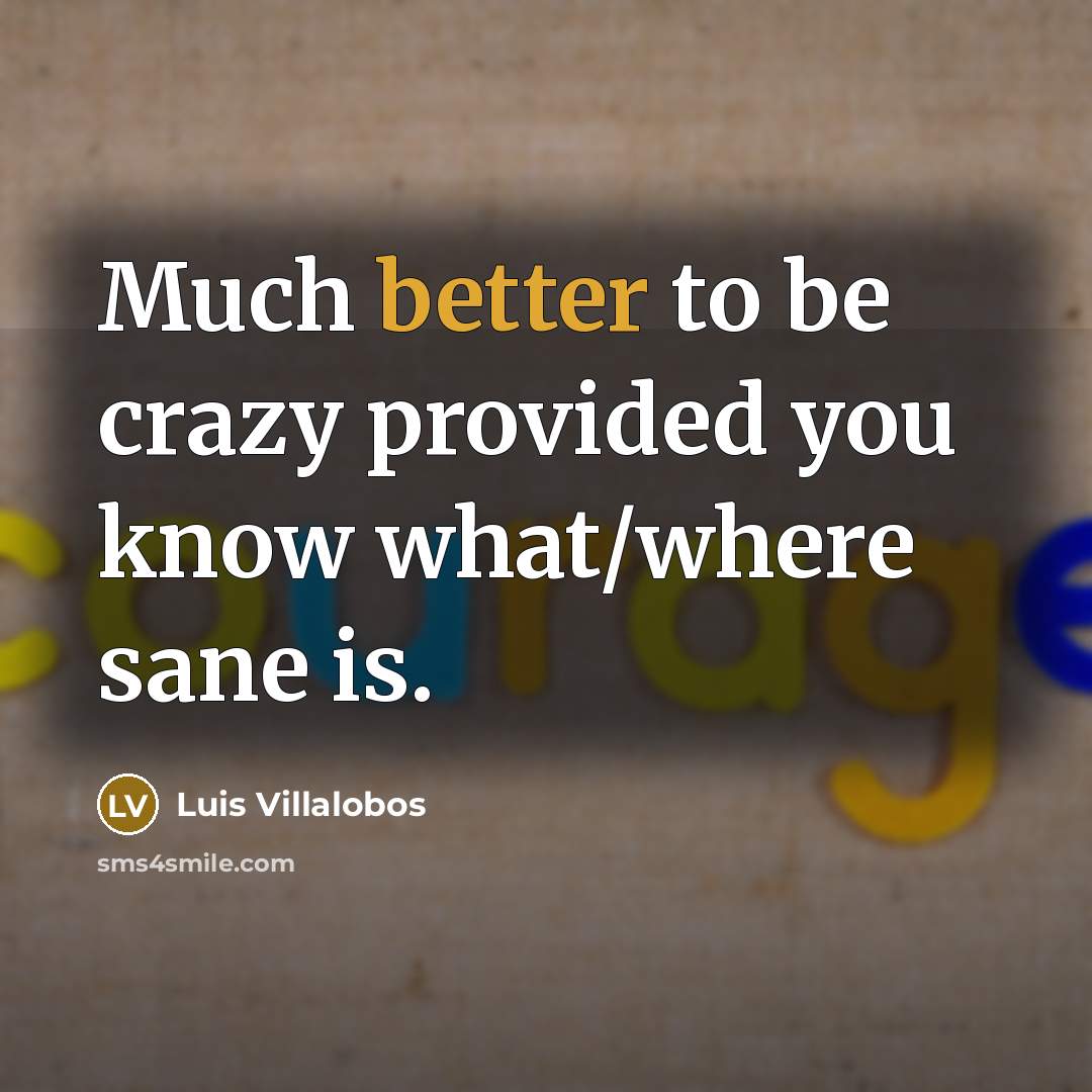 “Much better to be crazy provided you know what/where sane is.” quote by Luis Villalobos