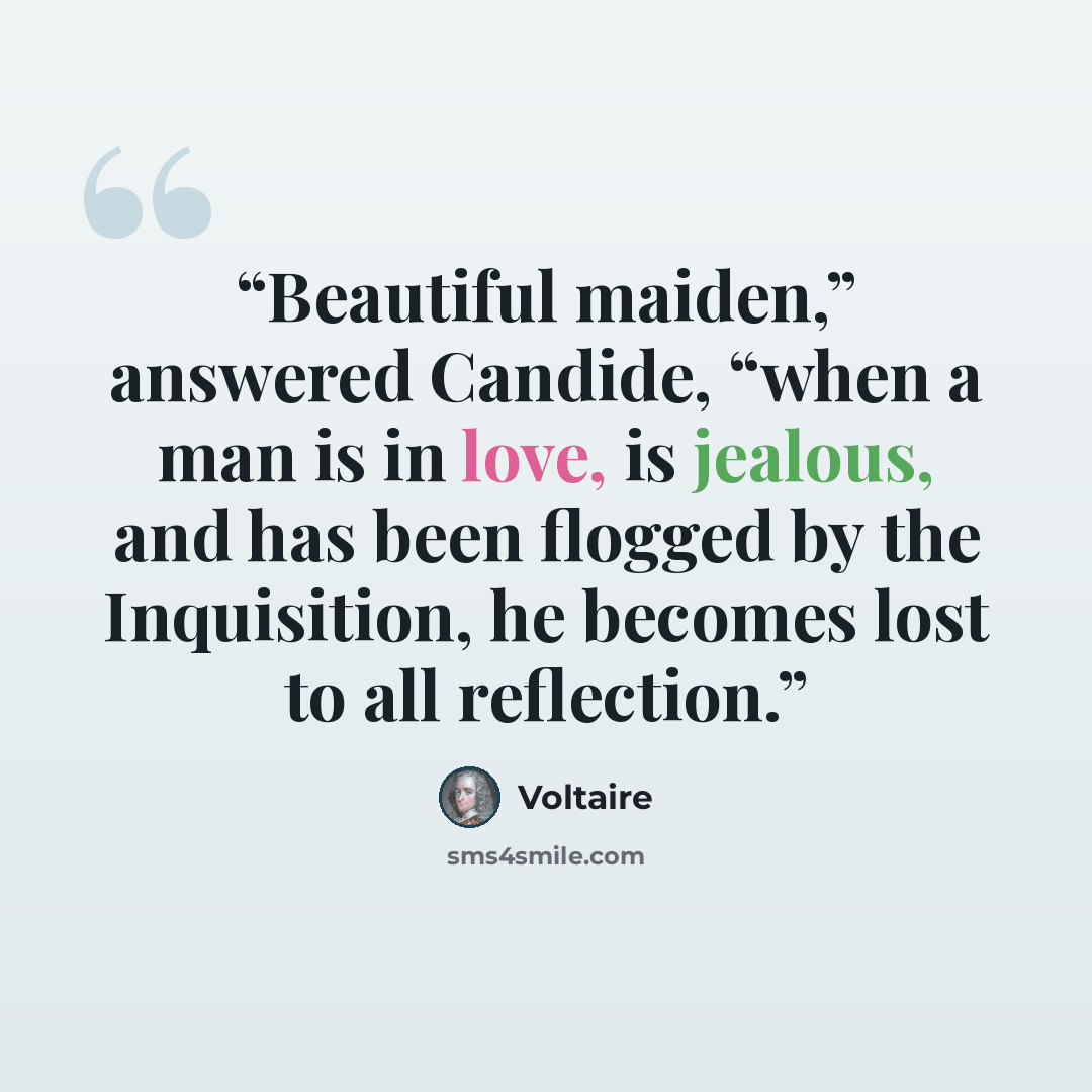“Beautiful maiden,” answered Candide, “when a man is in love, is jealous, and has been flogged by the Inquisition, he becomes lost to all reflection.” quote by Voltaire