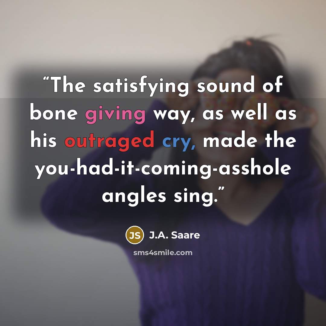“The satisfying sound of bone giving way, as well as his outraged cry, made the you-had-it-coming-asshole angles sing.” quote by J.A. Saare