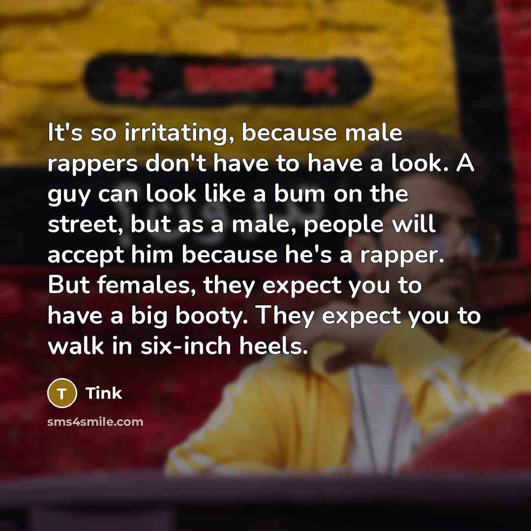 “It's so irritating, because male rappers don't have to have a look. A guy can look like a bum on the street, but as a male, people will accept him because he's a rapper. But females, they expect you to have a big booty. They expect you to walk in six-inch heels.” quote by Tink