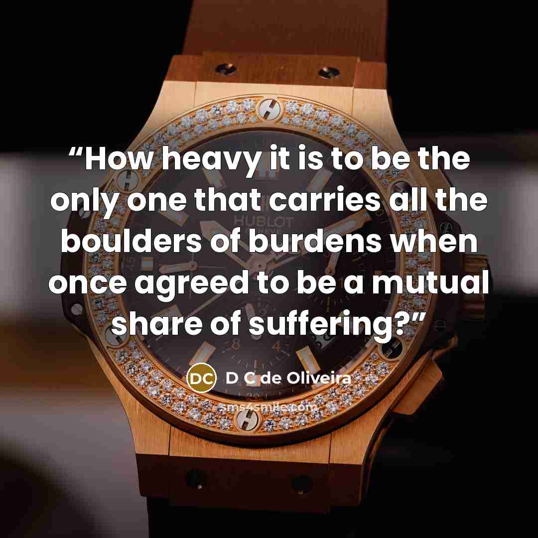 “How heavy it is to be the only one that carries all the boulders of burdens when once agreed to be a mutual share of suffering?” quote by D C de Oliveira