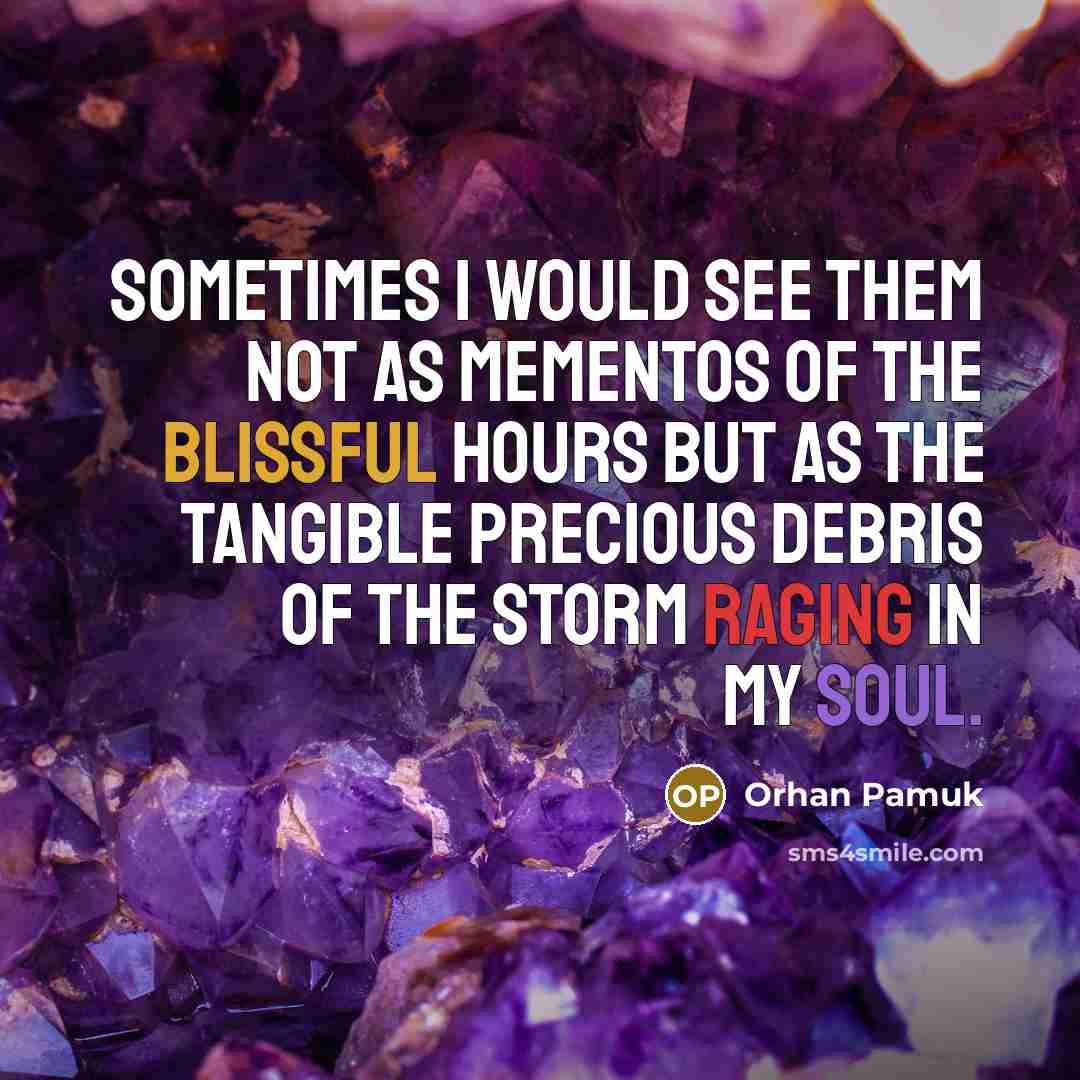 “Sometimes I would see them not as mementos of the blissful hours but as the tangible precious debris of the storm raging in my soul.” quote by Orhan Pamuk