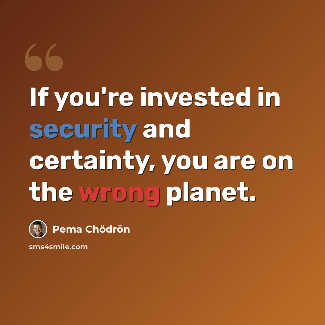 “If you're invested in security and certainty, you are on the wrong planet.” quote by Pema Chodron