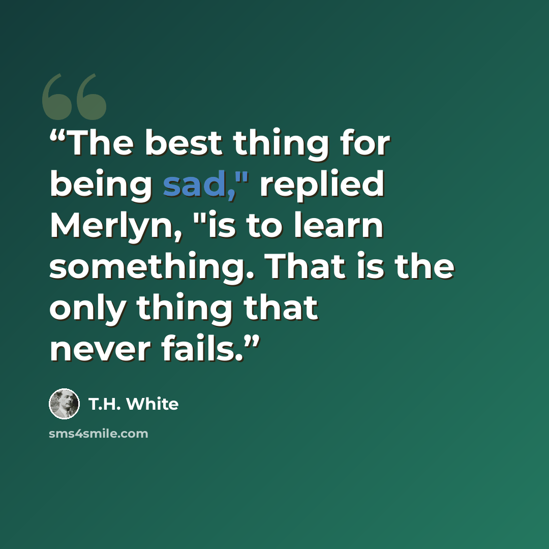 “The best thing for being sad," replied Merlyn, "is to learn something. That is the only thing that never fails.” quote by T.H. White