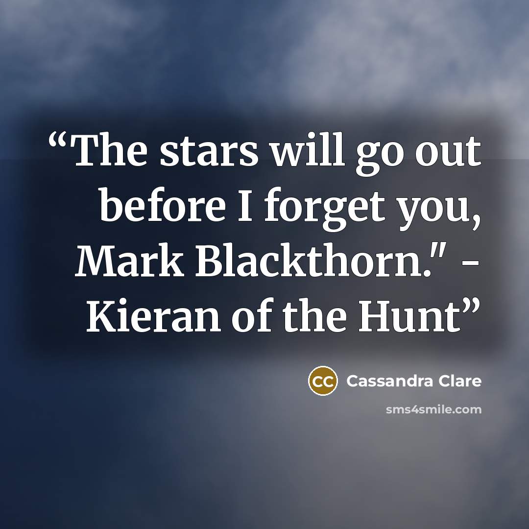 “The stars will go out before I forget you, Mark Blackthorn." - Kieran of the Hunt” quote by Cassandra Clare