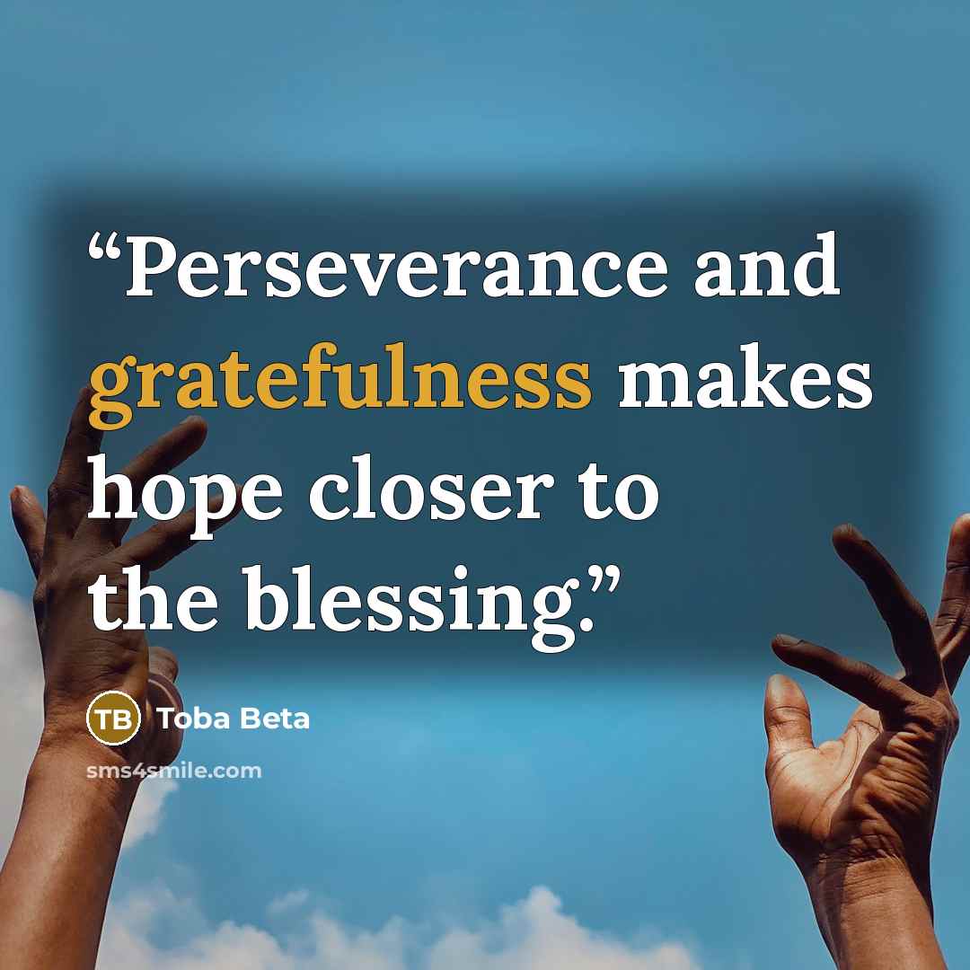 “Perseverance and gratefulness makes ​hope closer to the blessing.” quote by Toba Beta