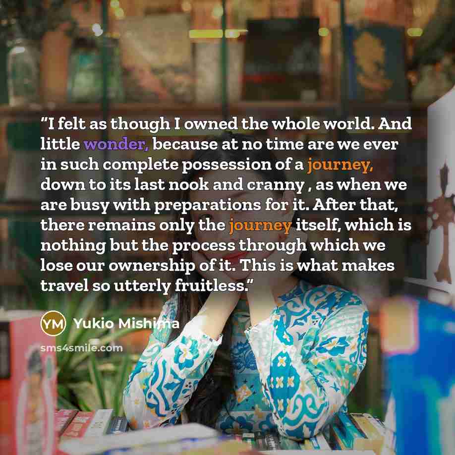 “I felt as though I owned the whole world. And little wonder, because at no time are we ever in such complete possession of a journey, down to its last nook and cranny , as when we are busy with preparations for it. After that, there remains only the journey itself, which is nothing but the process…” quote by Yukio Mishima