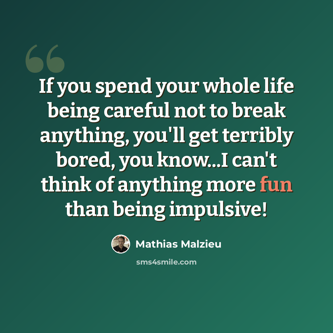 “If you spend your whole life being careful not to break anything, you'll get terribly bored, you know...I can't think of anything more fun than being impulsive!” quote by Mathias Malzieu