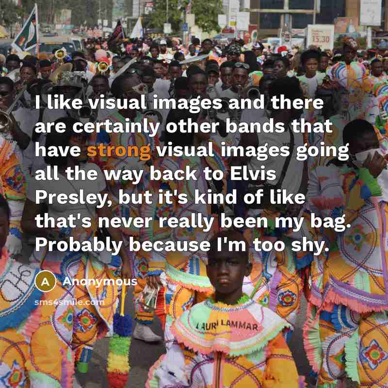 “I like visual images and there are certainly other bands that have strong visual images going all the way back to Elvis Presley, but it's kind of like that's never really been my bag. Probably because I'm too shy.” quote by Anonymous
