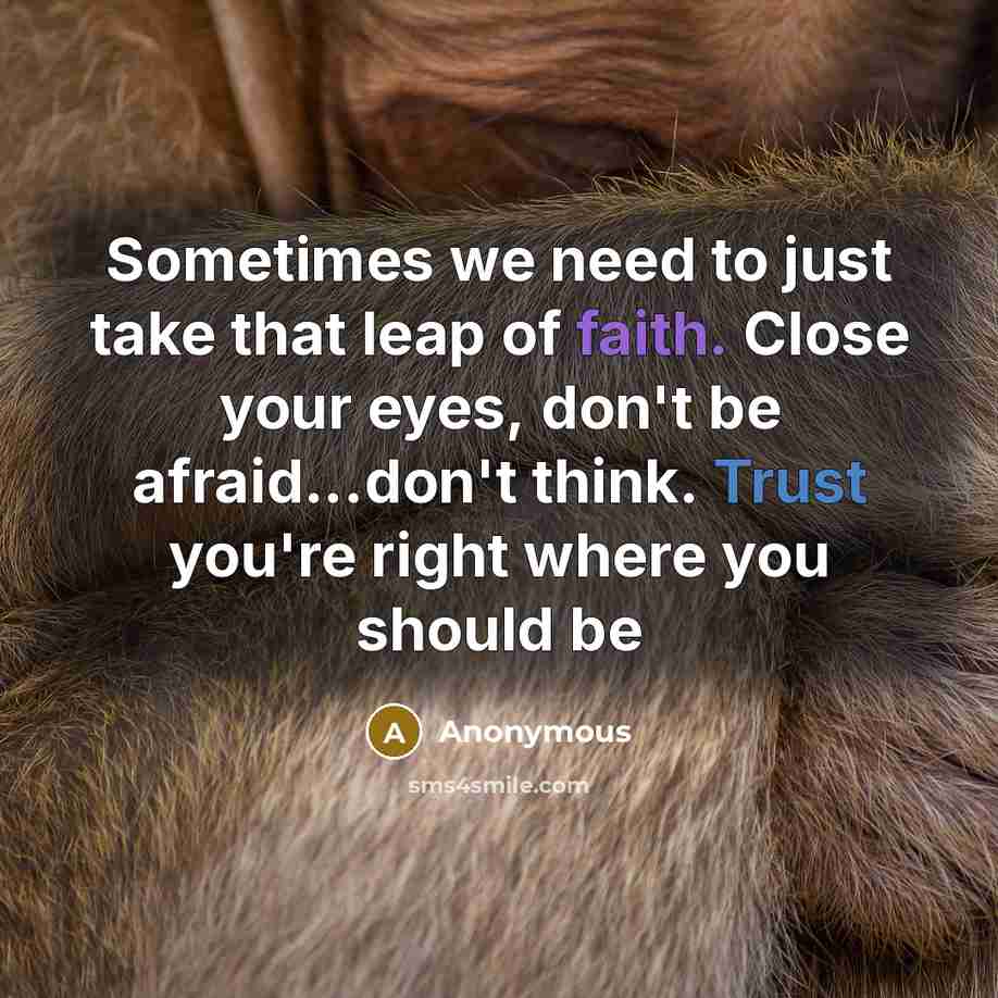 “Sometimes we need to just take that leap of faith. Close your eyes, don't be afraid...don't think. Trust you're right where you should be” quote by Anonymous