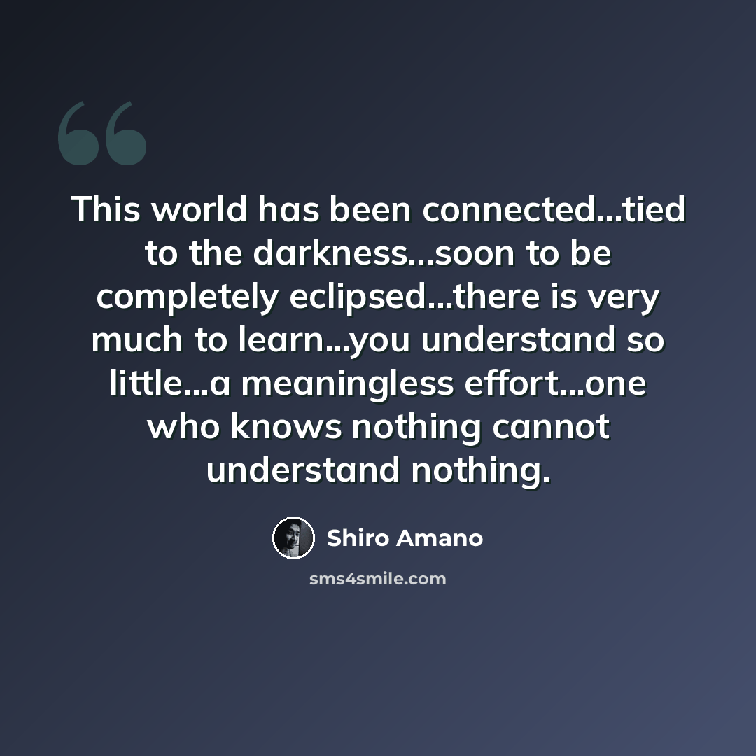 “This world has been connected...tied to the darkness...soon to be completely eclipsed...there is very much to learn...you understand so little...a meaningless effort...one who knows nothing cannot understand nothing.” quote by Shiro Amano
