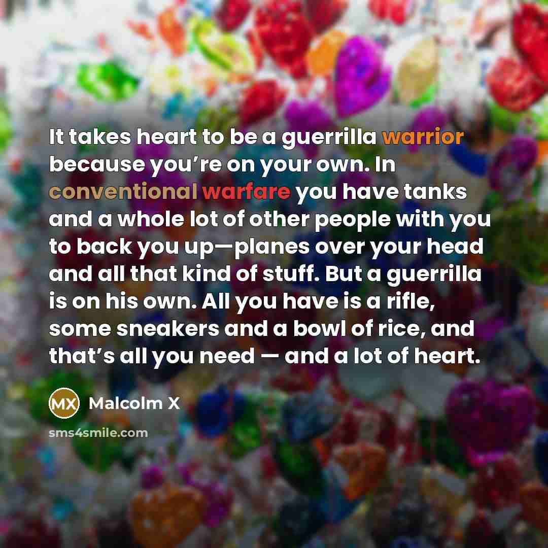 “It takes heart to be a guerrilla warrior because you’re on your own. In conventional warfare you have tanks and a whole lot of other people with you to back you up—planes over your head and all that kind of stuff. But a guerrilla is on his own. All you have is a rifle, some sneakers and a bowl of…” quote by Malcolm X
