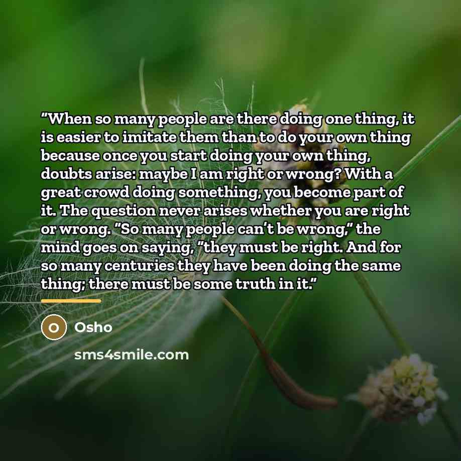 “When so many people are there doing one thing, it is easier to imitate them than to do your own thing because once you start doing your own thing, doubts arise: maybe I am right or wrong? With a great crowd doing something, you become part of it. The question never arises whether you are right or…” quote by Osho