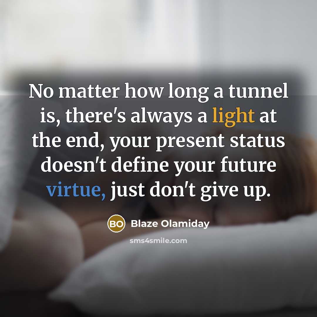 “No matter how long a tunnel is, there's always a light at the end, your present status doesn't define your future virtue, just don't give up.” quote by Blaze Olamiday
